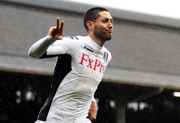Fulham's Clint Dempseycelebrates after scoring his second goal and Fulham's fifth goal of the match during the Barclays Premier League match between Fulham and Wolverhampton Wanderers at Craven Cottage on March 4, 2012 in London, England. (Photo by Scott Heavey/Getty Images)
